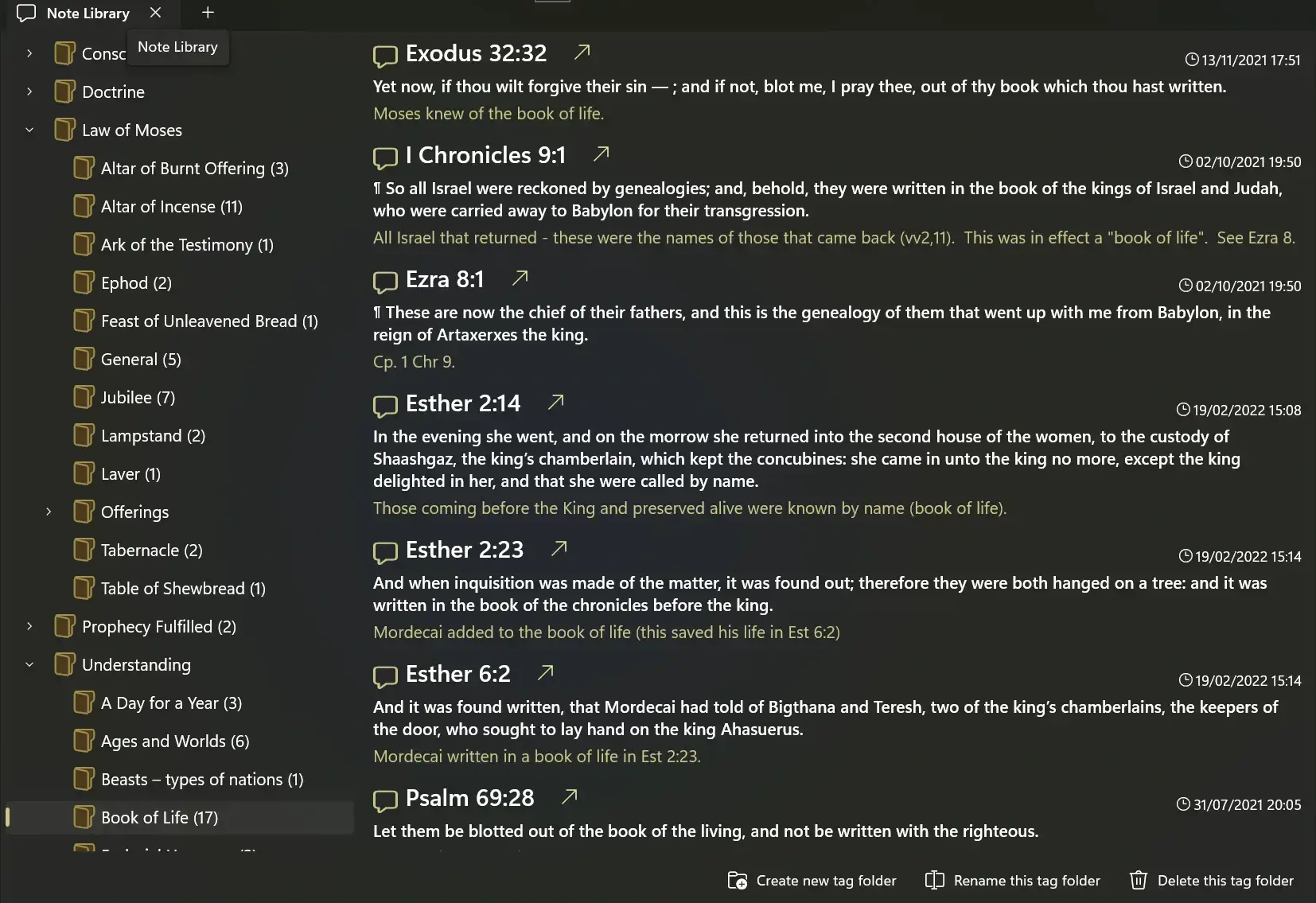 Screenshot showing a tree of themes with notes in each theme