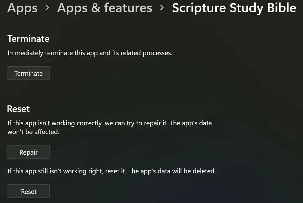 Screenshot showing the Repair and Reset commands