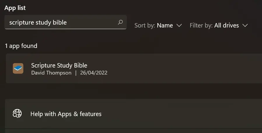 Screenshot showing the Apps and Features page filtered to search for the Scripture Study Bible app